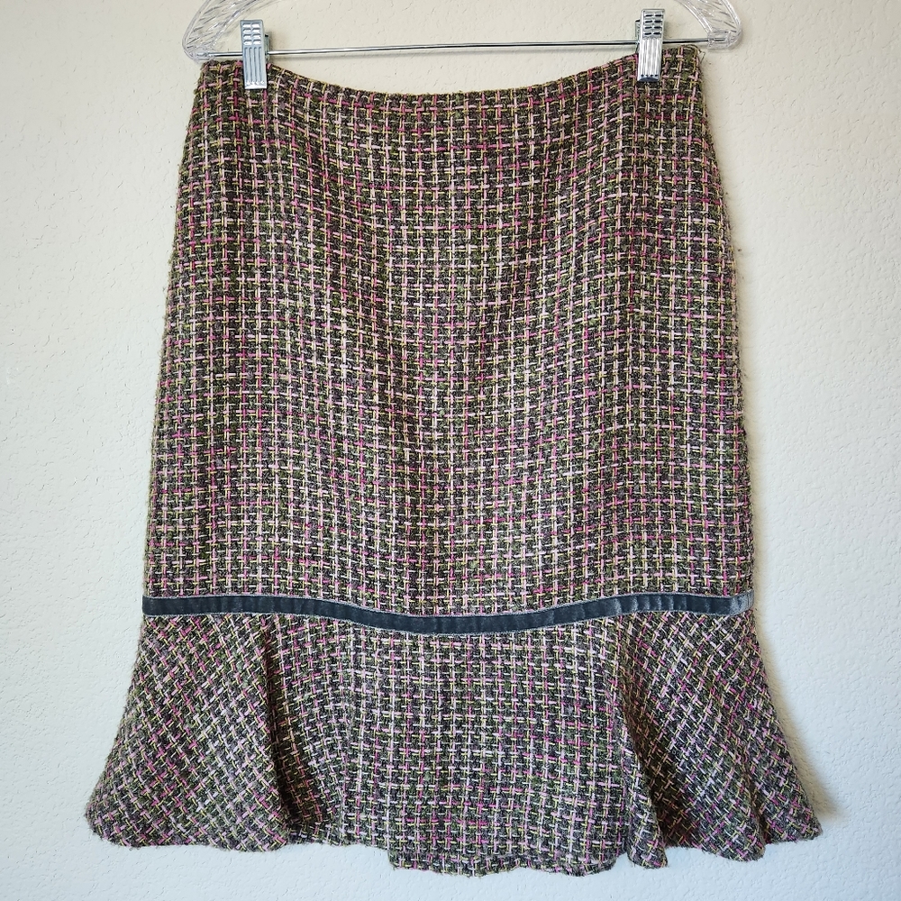 Sigrid Olsen Green Pink Trumpet Skirt Fully Lined Velveteen Ribbon Accent Size 8